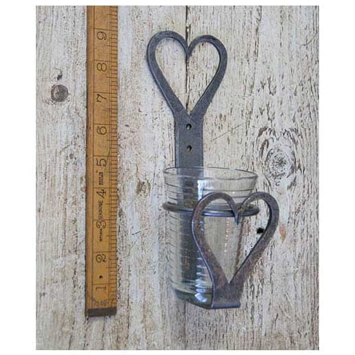 Candle Holder Glass Wall Mount Heart Hand Forged Antique Iron 200mm