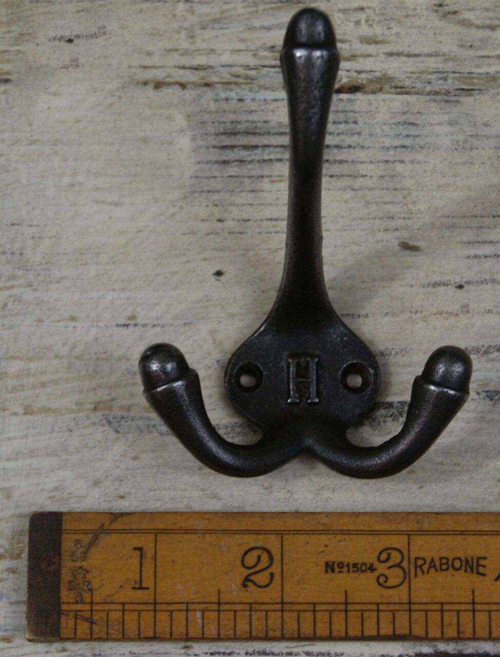 Hat & Coat Hook Triple 'H' Cast Antique Iron 90mm