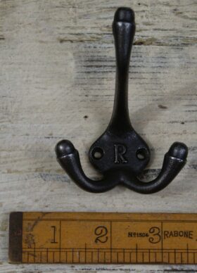 Hat & Coat Hook Triple SMALL 'R' Cast Antique Iron 90mm