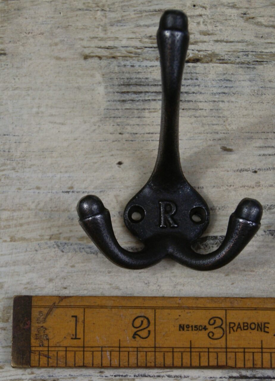 Hat & Coat Hook Triple SMALL 'R' Cast Antique Iron 90mm