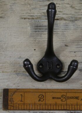 Hat & Coat Hook Triple 'U' Cast Antique Iron 90mm