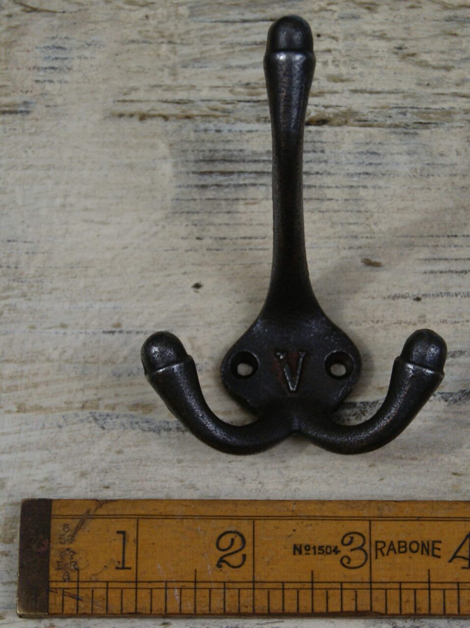 Hat & Coat Hook Triple V Cast Antique Iron 90mm