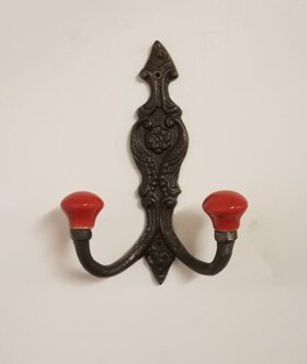 Hat & Coat Hook FRENCH 2 x RED ceramic ball tops 150mm