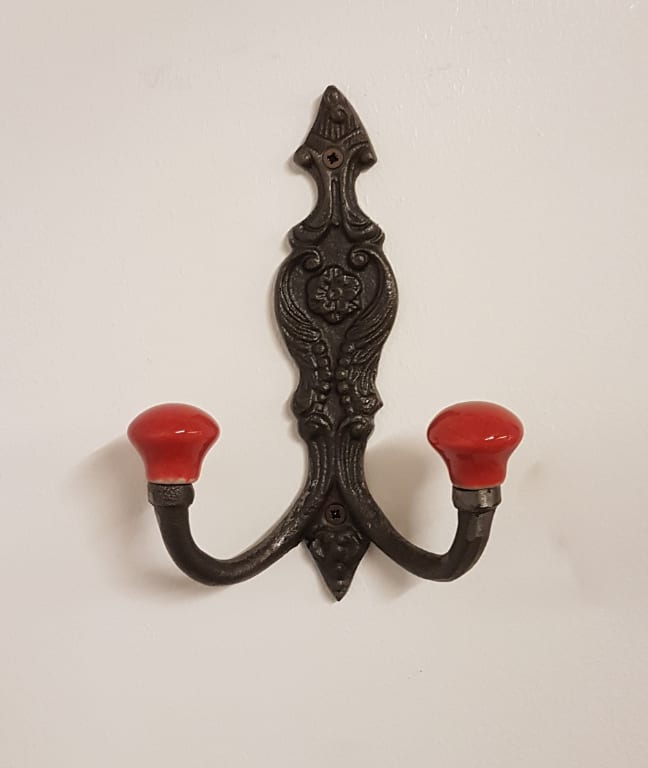 Hat & Coat Hook FRENCH 2 x RED ceramic ball tops 150mm