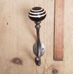 Coat Hook ALBANY BLACK & WHITE Ceramic Shell Tip Antique Iron 150mm