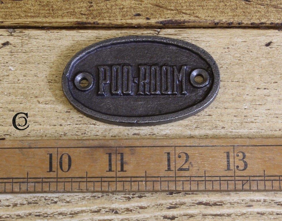 Plaque Oval POO ROOM Cast Antique Iron 40mm x 70mm