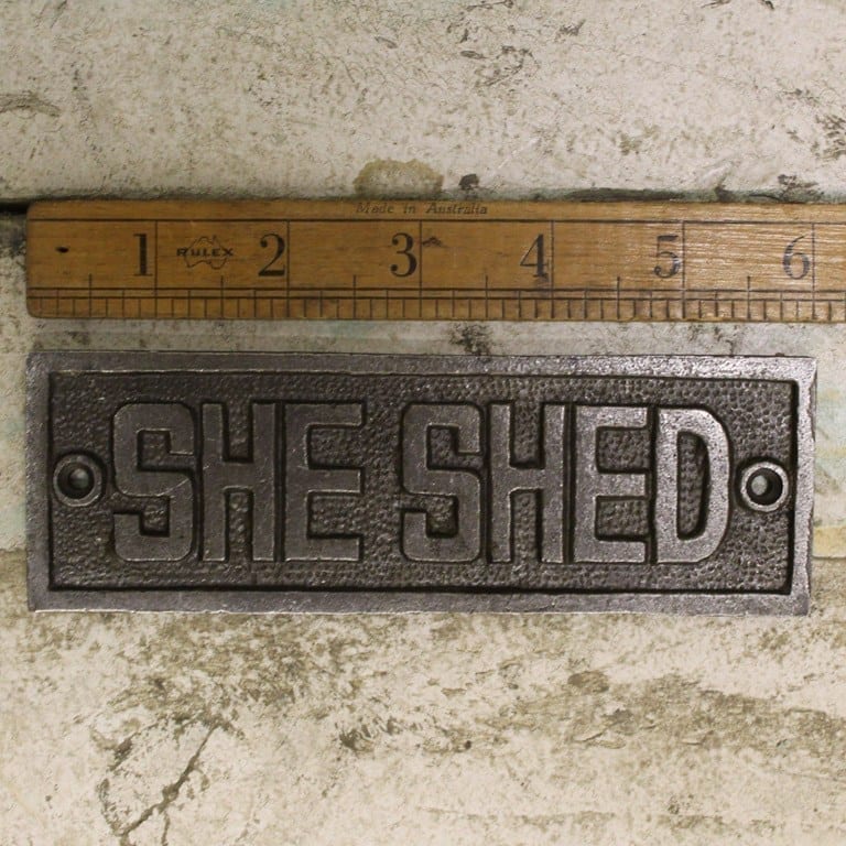 Plaque SHE SHED Cast Antique Iron 50mm x 153mm
