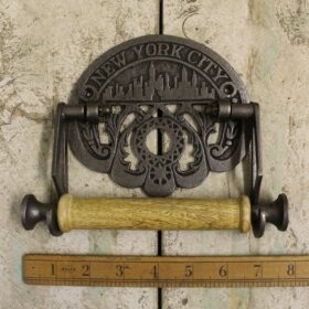 Toilet Roll Holder NEW YORK CITY Cast Antique Iron & Wood 150mm