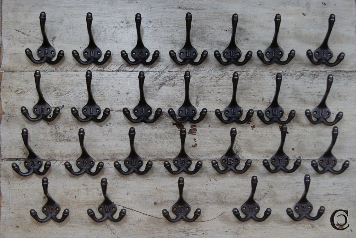 Hat & Coat Hook Triple 'A - Z' Cast Antique Iron 90mm