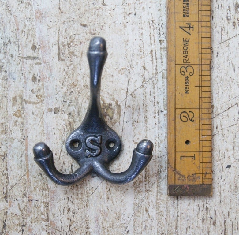 Hat & Coat Hook Triple LARGE 'S' Cast Antique Iron 90mm