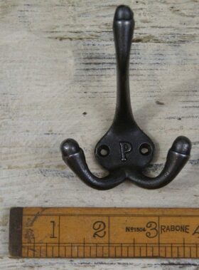 Hat & Coat Hook Triple SMALL 'P' Cast Antique Iron 90mm
