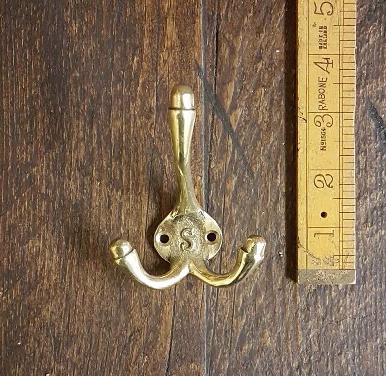 Hat & Coat Hook Triple SMALL 'S' Cast BRASS 90mm