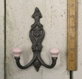 Hat & Coat Hook FRENCH 2 x SALMON PINK ceramic ball tops 150mm