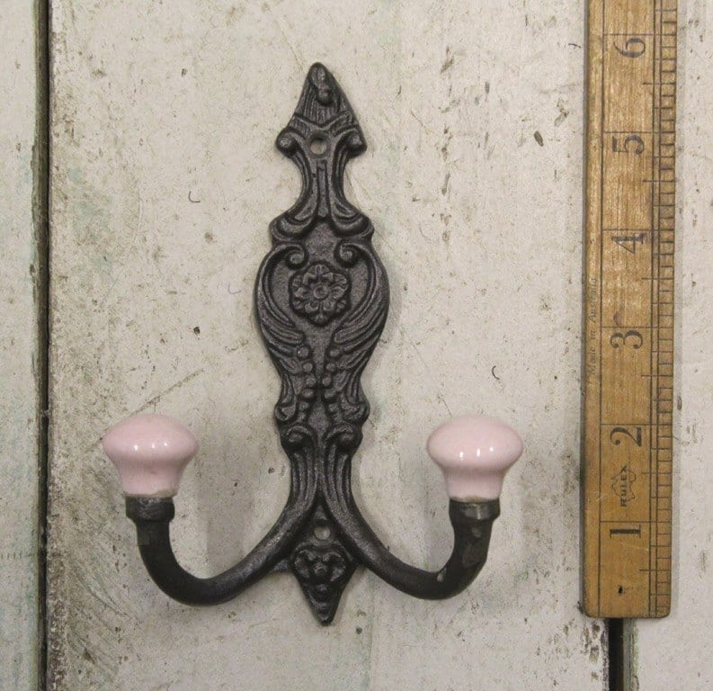 Hat & Coat Hook FRENCH 2 x SALMON PINK ceramic ball tops 150mm