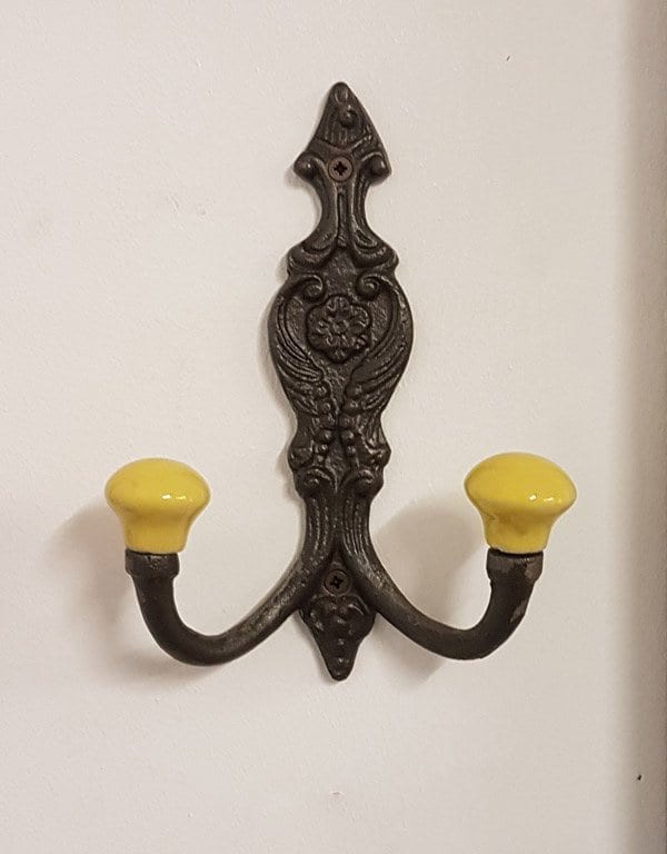 Hat & Coat Hook FRENCH 2 x MUSTARD YELLOW ceramic ball tops 150mm