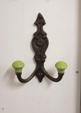 Hat & Coat Hook FRENCH 2 x LIME GREEN ceramic ball tops 150mm