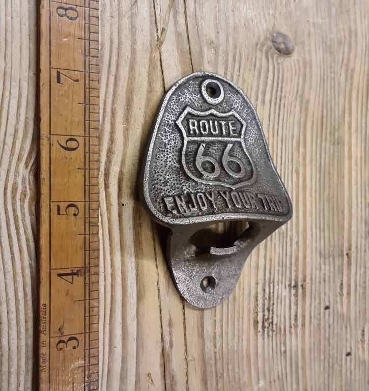 Bottle Opener Wall Mounted ROUTE 66 ENJOY TRIP Cast Antique Iron - Image 2
