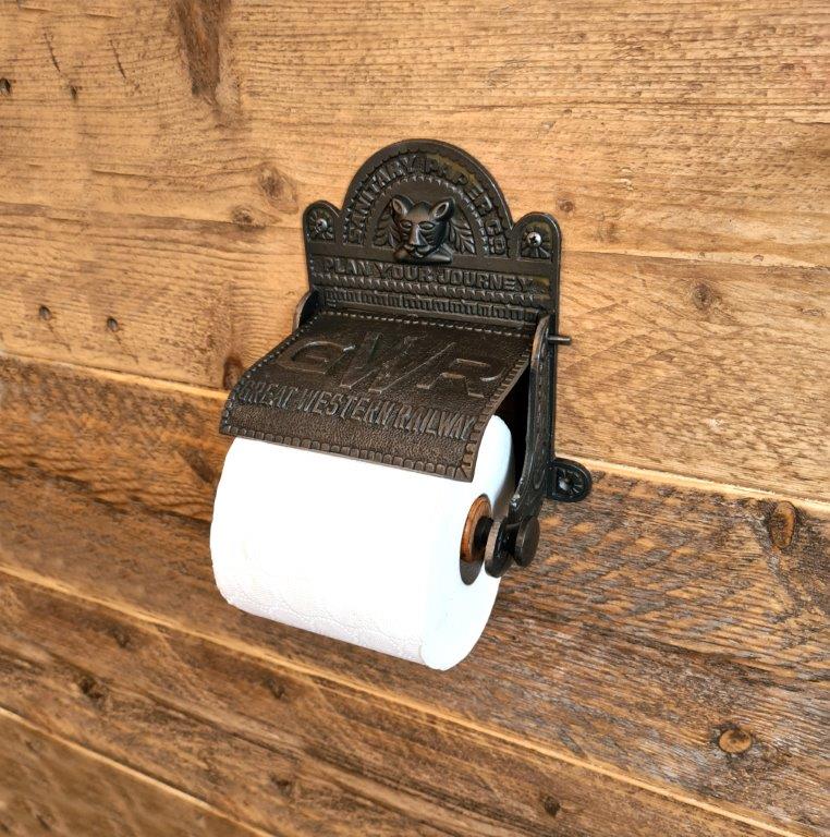 Toilet Roll Holder with Lid GWR Cast Antique Iron 150mm - Image 4