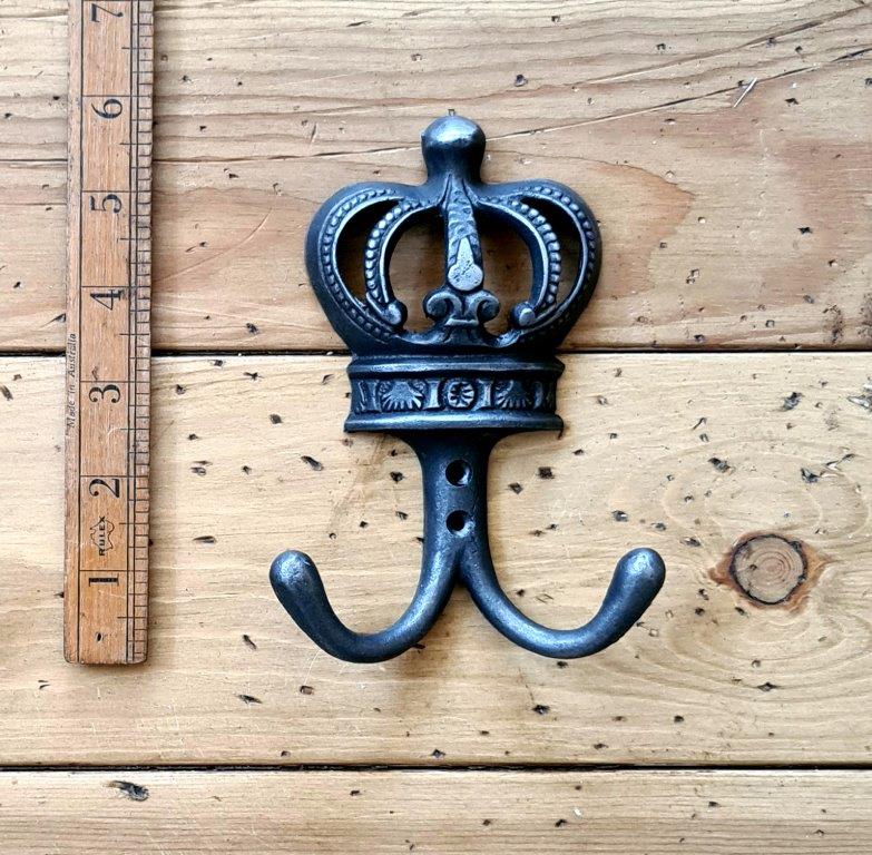 Double Robe Hook QUEEN'S CROWN Cast Antique Iron 100mm x 145mm High