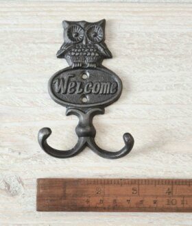 Coat Hook Double WELCOME OWL Cast Antique Iron 105mm