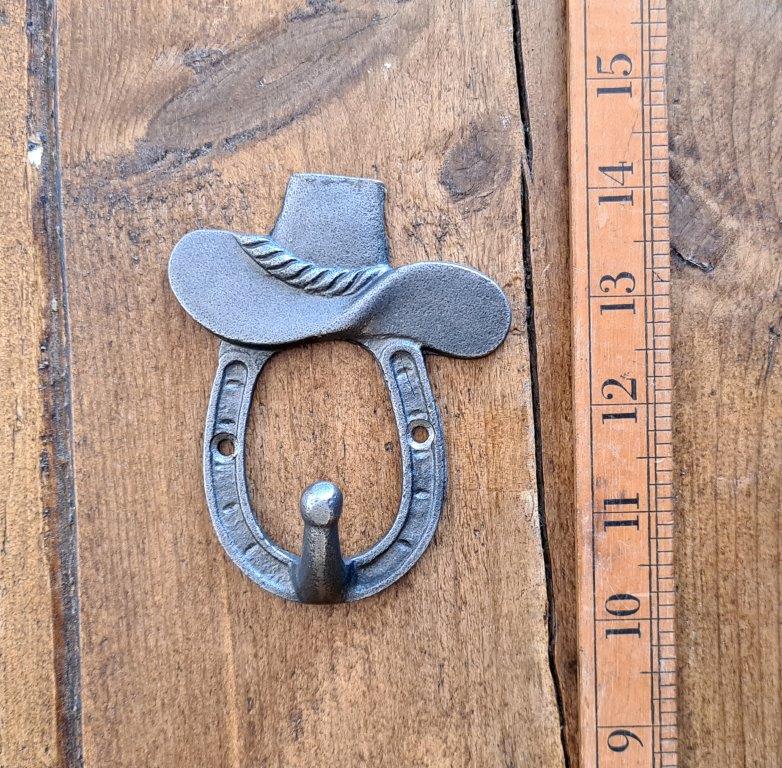 Coat Hook Single HORSESHOE & COWBOY HAT Ant Iron 100mm (E324) - Image 2