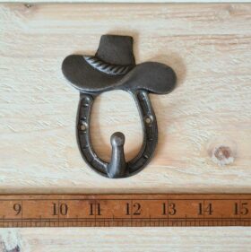 Coat Hook Single HORSESHOE & COWBOY HAT Ant Iron 100mm (E324)