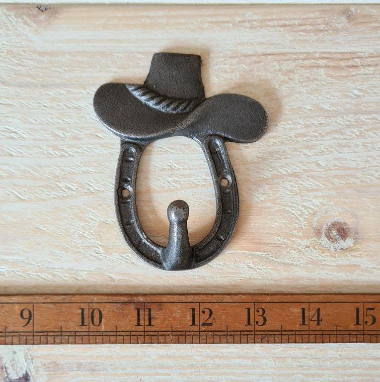 Coat Hook Single HORSESHOE & COWBOY HAT Ant Iron 100mm (E324)