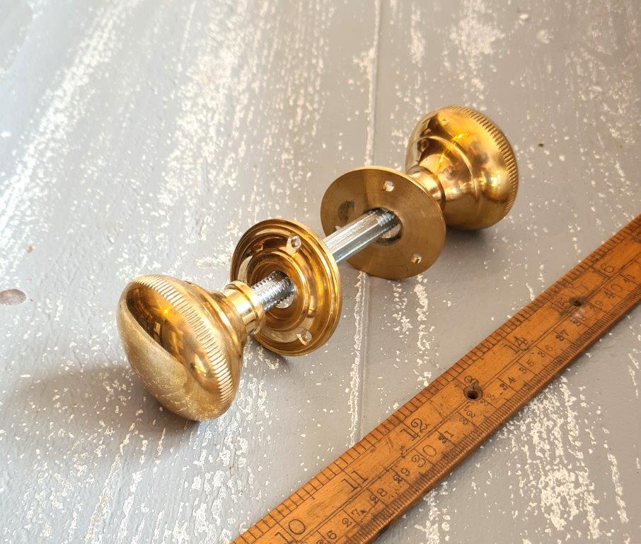 Rim Door Knob Set Milled Knurled Lines Cast Solid Brass 48mm dia - Image 2