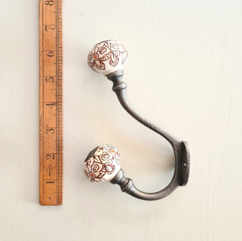Coat Hook ALBANY Acorn Patterned DOUBLE Ceramic Top Antique Iron 150mm - Image 2