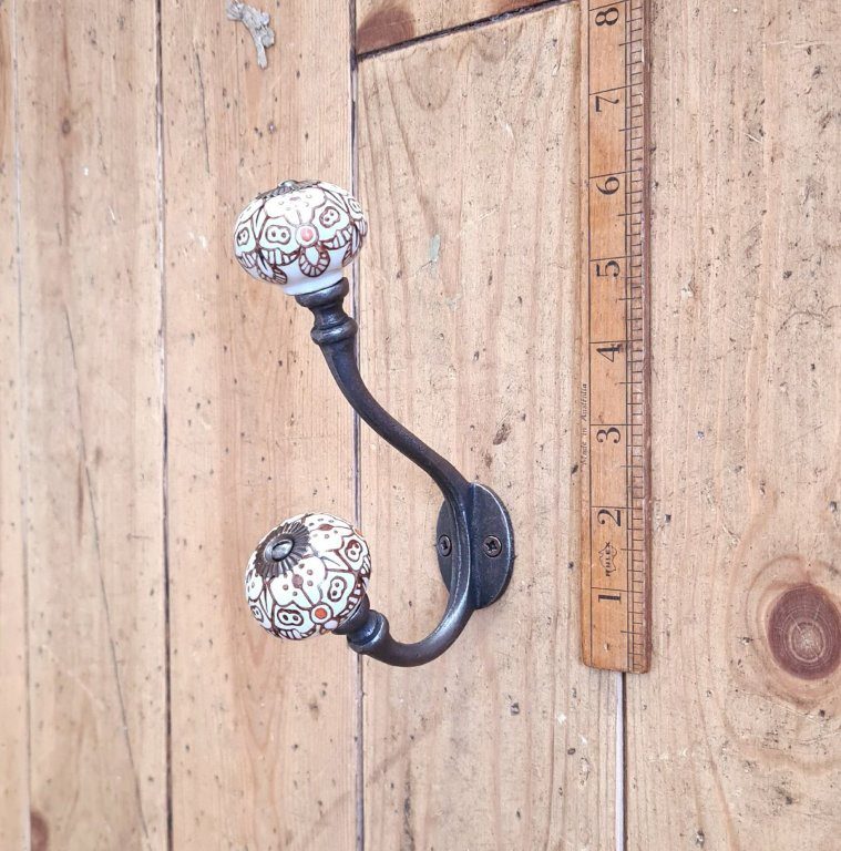 Coat Hook ALBANY Acorn Patterned DOUBLE Ceramic Top Antique Iron 150mm