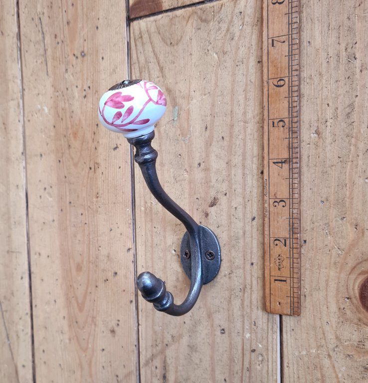 Coat Hook ALBANY Ivy PINK Ceramic Shell Tip Antique Iron