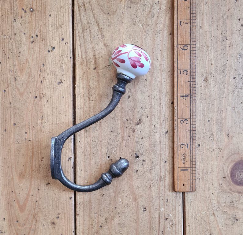 Coat Hook ALBANY Ivy PINK Ceramic Shell Tip Antique Iron - Image 2