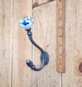 Coat Hook ALBANY Ivy Design BLUE Ceramic Shell Tip Antique Iron