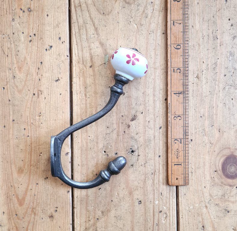Coat Hook ALBANY Poppy PINK Ceramic Shell Tip Antique Iron - Image 2