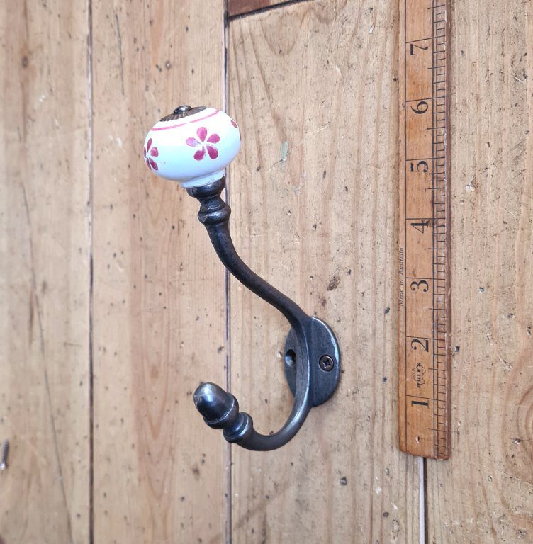 Coat Hook ALBANY Poppy PINK Ceramic Shell Tip Antique Iron
