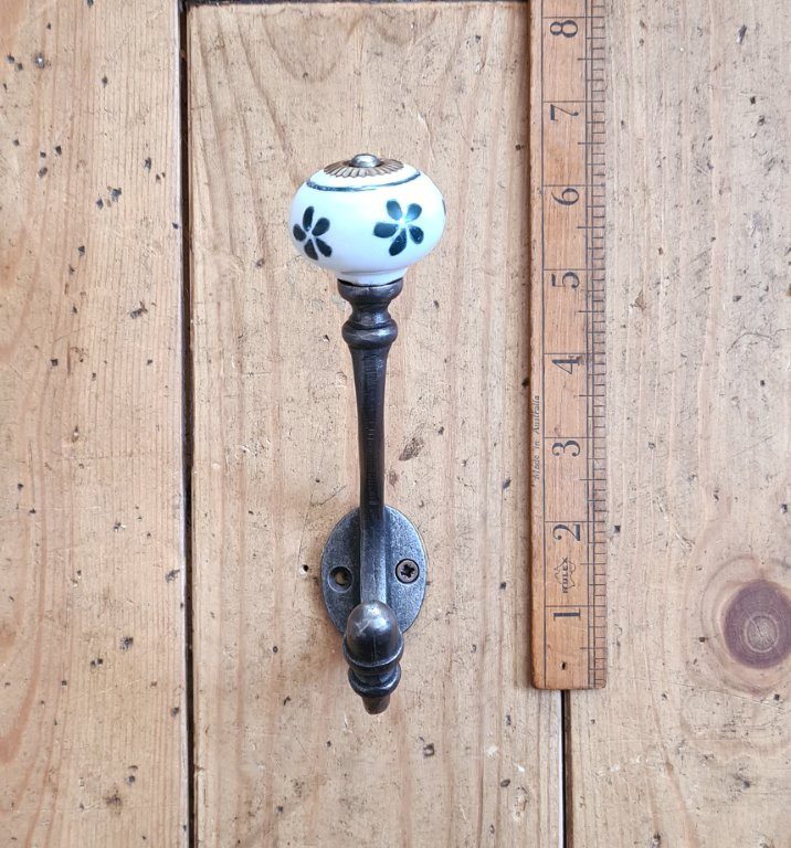 Coat Hook ALBANY Poppy DARK GREEN Ceramic Shell Tip Antique Iron - Image 2