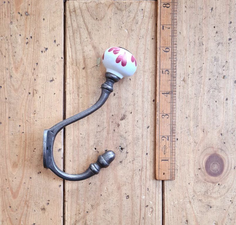 Coat Hook ALBANY Loveheart PINK Ceramic Shell Tip Antique Iron - Image 2
