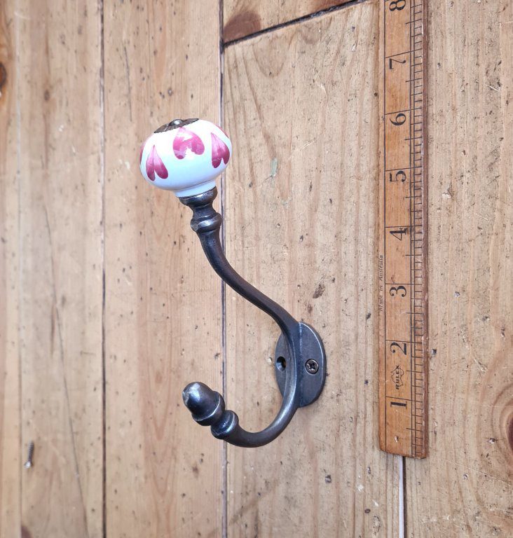 Coat Hook ALBANY Loveheart PINK Ceramic Shell Tip Antique Iron
