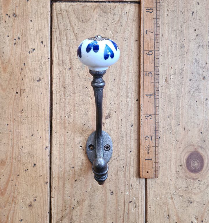 Coat Hook ALBANY Loveheart BLUE Ceramic Shell Tip Antique Iron - Image 2