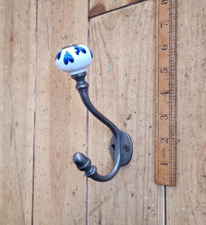 Coat Hook ALBANY Loveheart BLUE Ceramic Shell Tip Antique Iron