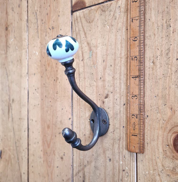 Coat Hook ALBANY Loveheart DARK GREEN Ceramic Shell Tip Antique Iron