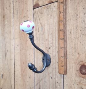 Coat Hook ALBANY Polka PINK Ceramic Shell Tip Antique Iron