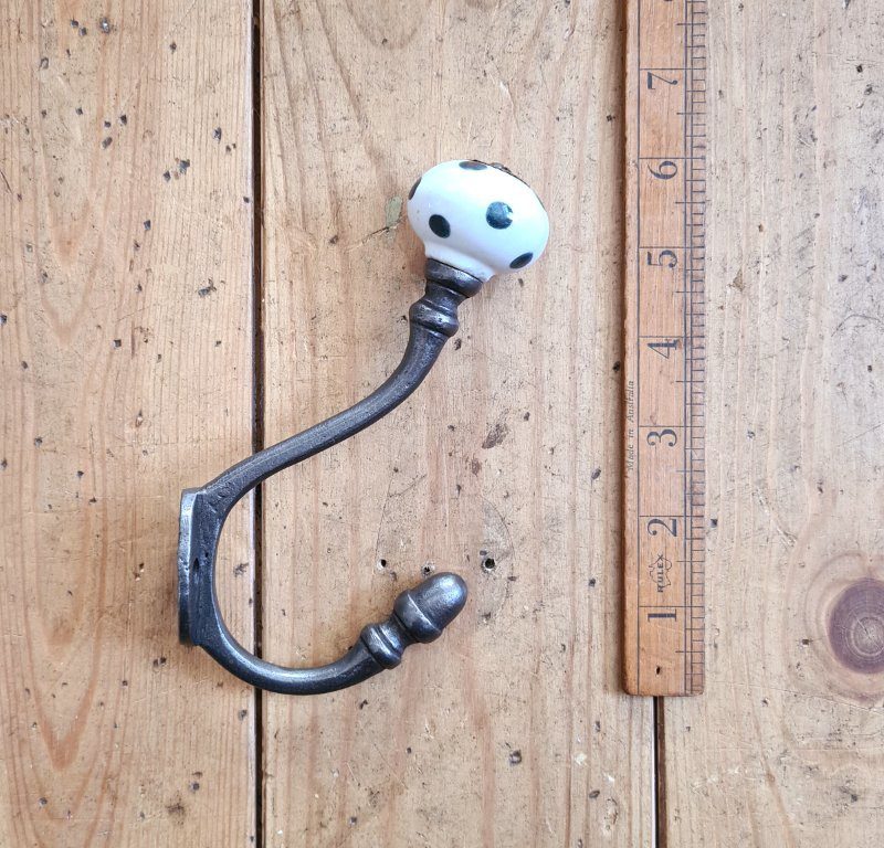 Coat Hook ALBANY Polka DARK GREEN Ceramic Shell Tip Antique Iron - Image 2