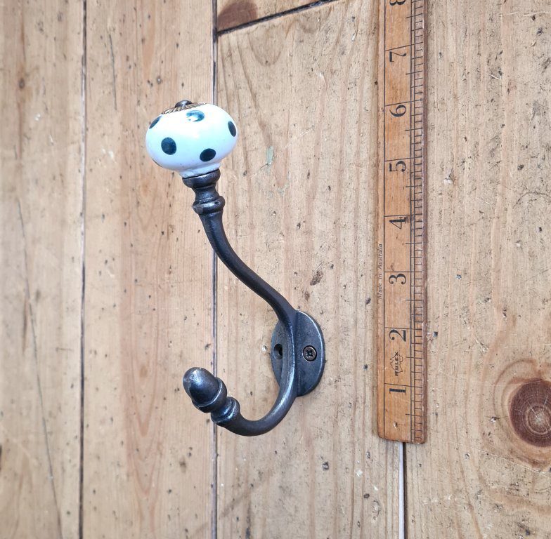Coat Hook ALBANY Polka DARK GREEN Ceramic Shell Tip Antique Iron