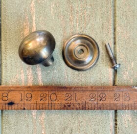 Cupboard Knob Hollow c/w Base Plate & Integral M4 Screw Antique Brass 39mm Dia